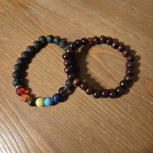 (2) 7 Chakra Volcanic Lava & Wood Prayer Bead Bracelets